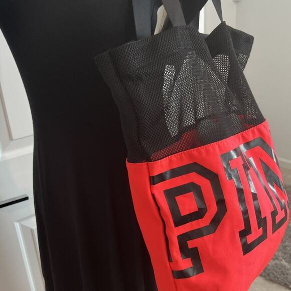 Victorias Secret PINK Tote Bag/Pool Bag Bright Orange Black Mesh Dual Handle - Picture 4 of 12